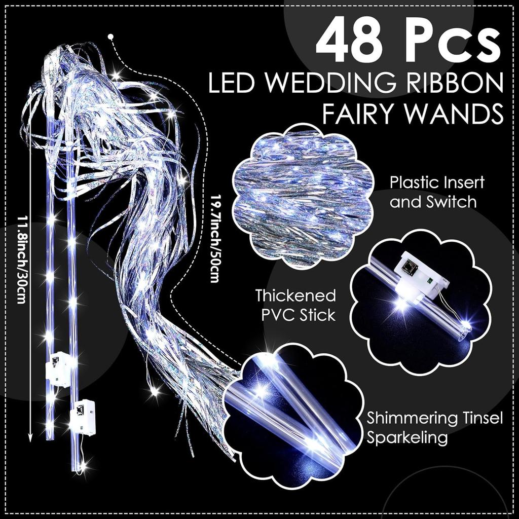 12-60Pcs Light Up Wedding Sparklers Wedding Wands Ribbon Streamers LED Silk Fairy Wands with Bells for Birthday Concert Raves