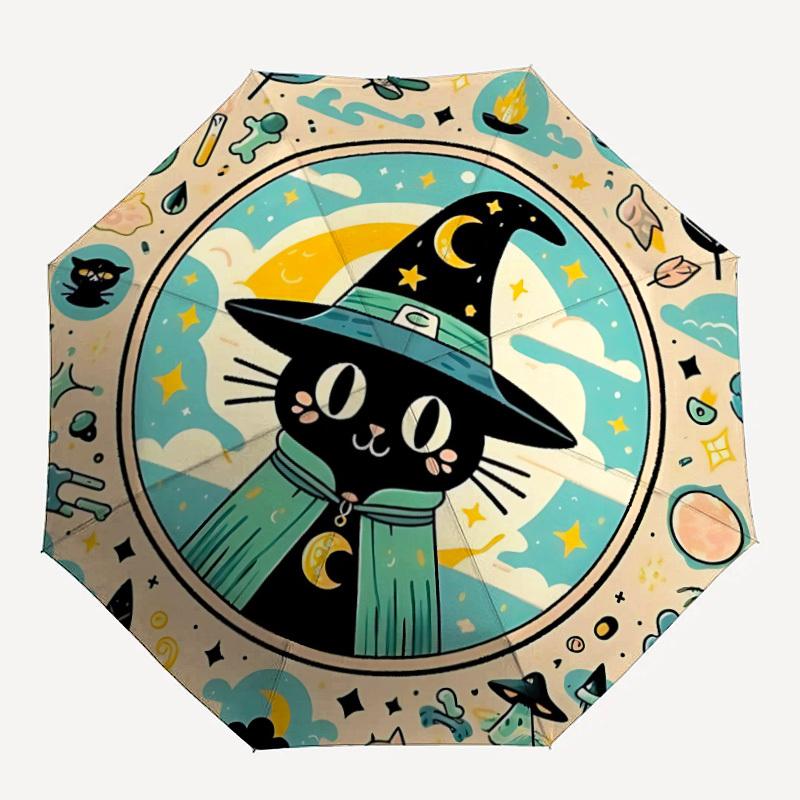 1 Stück Hexe Katze Automatisches Öffnen 8-Rippen Winddichter Regenschirm, Reise & Pendeln, Geeignet für Alle Jahreszeiten