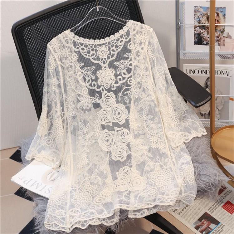 Γυναικεία Κεντημένη Διάτρητη Επτάτελη Καρντιγκάν Προστασίας από τον Ήλιο Τοπ Παραλίας