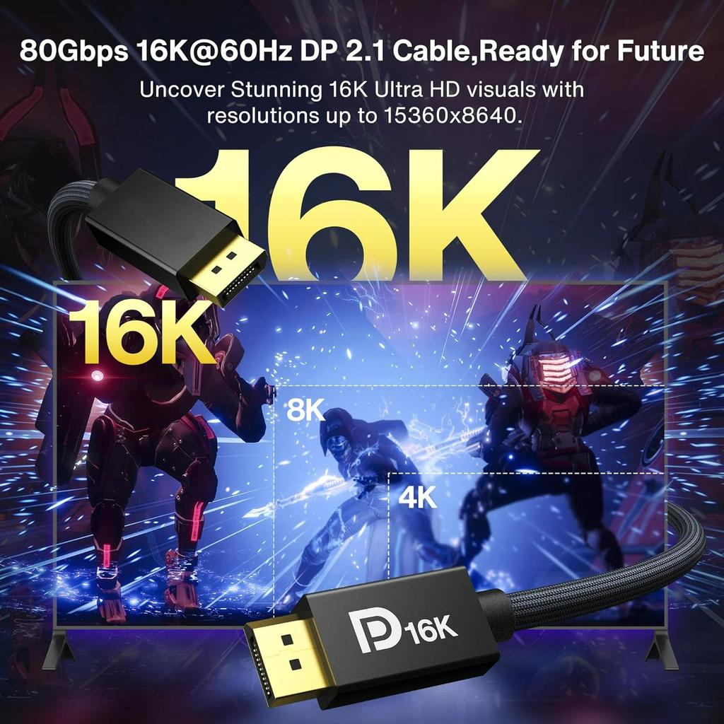 80Gbps Displayport Cable 2.1, 16K DP Cord [16K@60Hz,8K@120Hz,4K@240Hz], Display Port 2.1 Cable Support HDR10, HDCP, DSC 1.2a, for PC/TV/Gaming Monitor