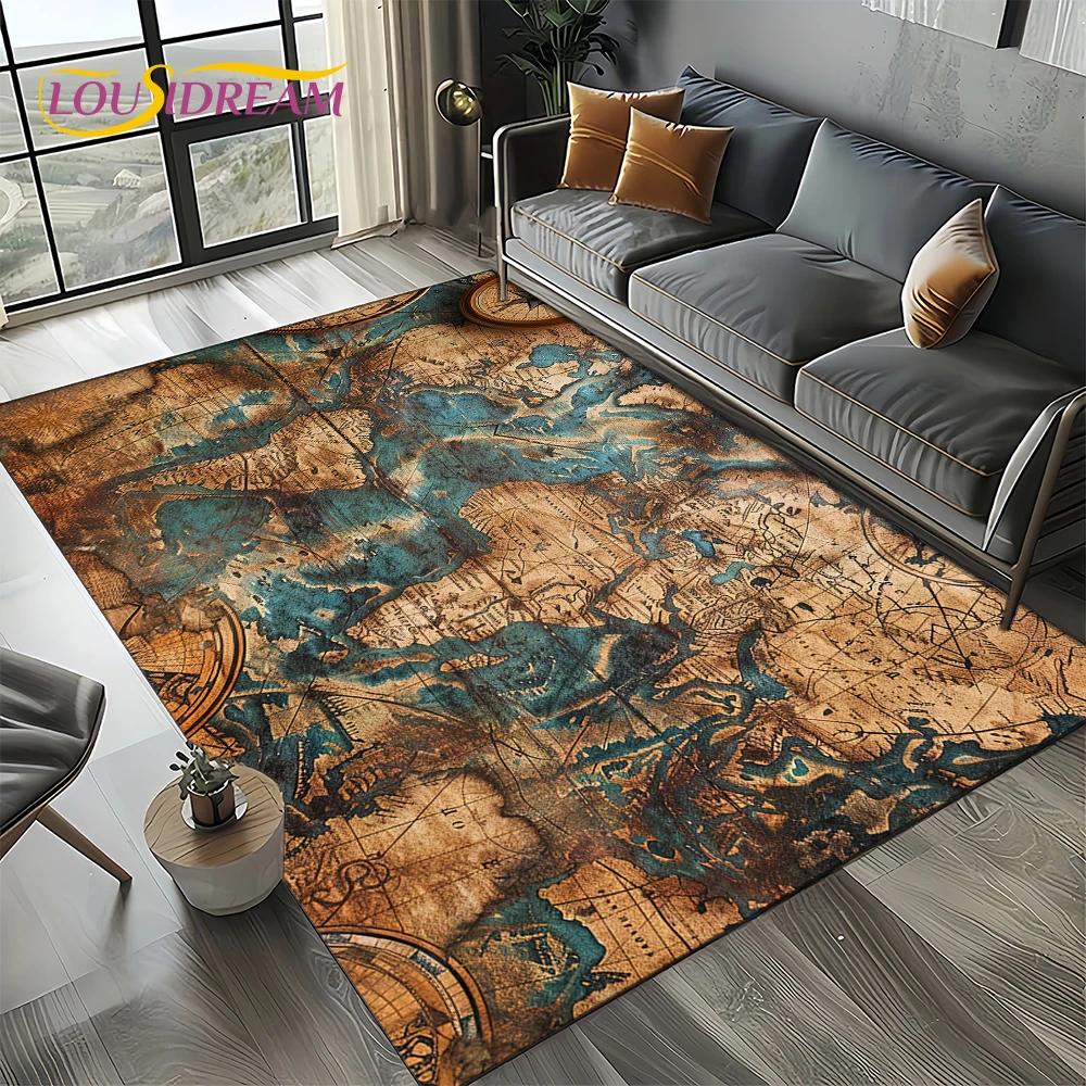2025 Retro Ancient Nautical Chart Kraft World Map Compass Carpet Rug for Living Room Bedroom Sofa Decoration,Non-slip Floor Mat
