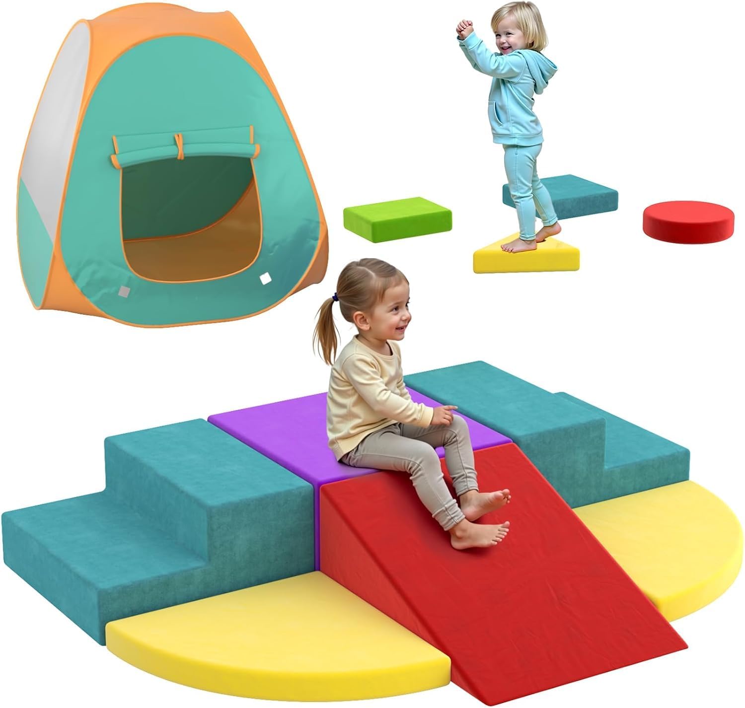

10-Piece Athletic Soft Block Set with Folding Tent, Large Fabric Indoor Playground Equipment for Kids, Freely Mix and Match, Perfect for Kids Play