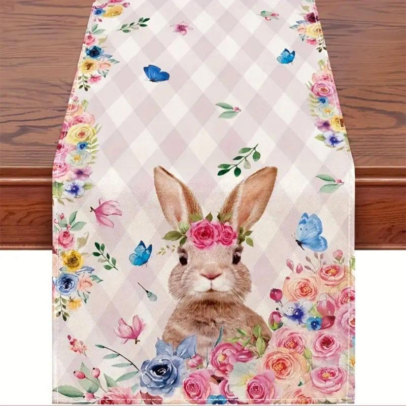 

1pc Easter Table Runner with Bunny Rabbit Flowers Leaves - Pink Buffalo Plaid, Kitchen Dining Indoor Party Decor