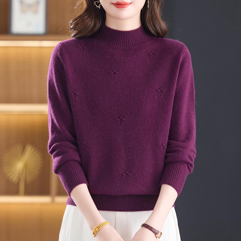 Women's Pure Wool Sweater - Thick Knit, Half-High Collar, Autumn/Winter Style for Middle-Aged & Elderly.