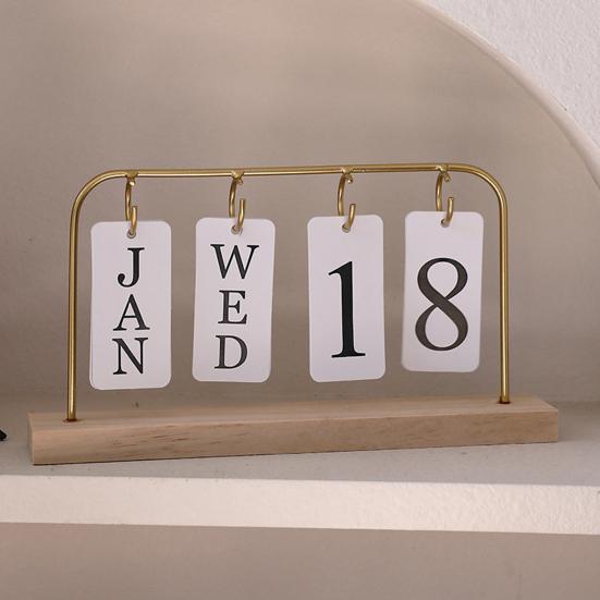 Metal Flip Calendar with Wooden Base Daily Perpetual Desk Calendar Turn Page Month Date Display Standing Desktop Planner for Office Home