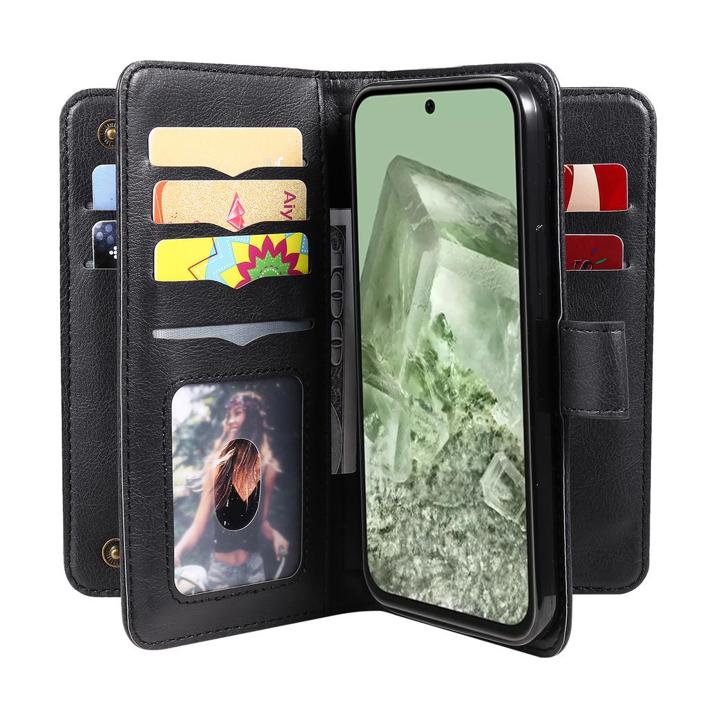 For Google Pixel 8a Leather Case with 10 Card Holder Phone Cover Stand