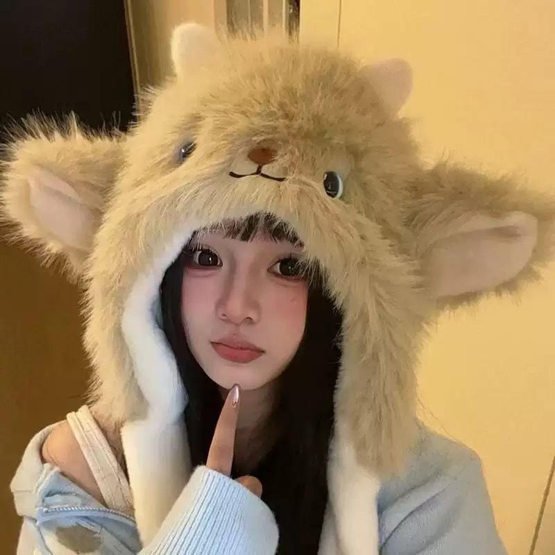 New winter plush hat for women with moving ears, cute, thick, fluffy, warm, cold-proof, ear-protecting, trendy Lei Feng hat