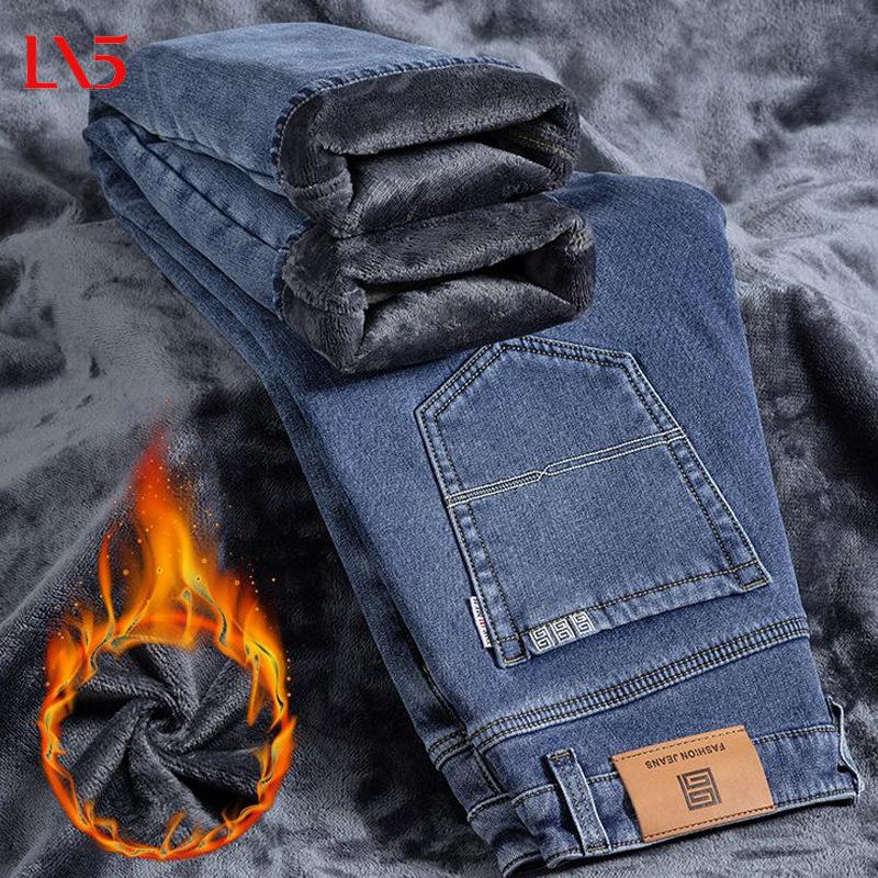 Autumn and Winter Fleece Thickened Jeans Spring and Autumn Business Loose Straight Pants Elastic Pants