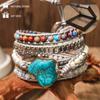 This Bohemian-style Adjustable Five-strand Bracelet Features Natural Turquoise and Colored Gemstone Beads, Perfect for Everyday Wear and Vacations.