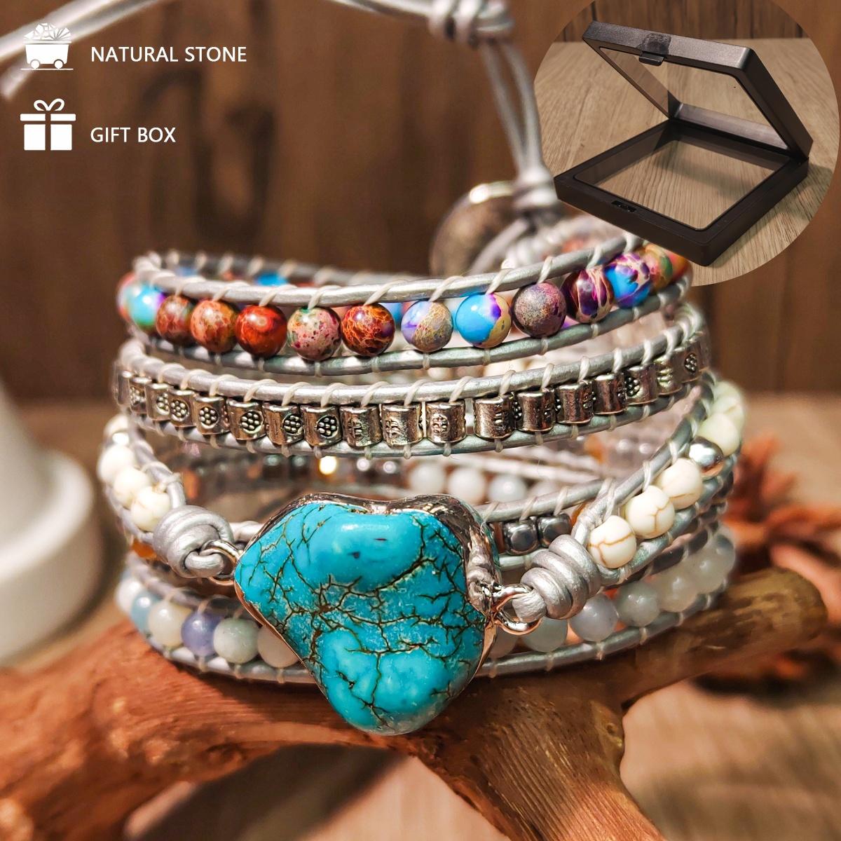 

This bohemian-style adjustable five-strand bracelet features natural turquoise and colored gemstone beads, perfect for everyday wear and vacations. Turquoise bracelet