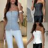 Top da Donna Senza Maniche con Scollo Bardot Vestibilità Aderente Casual con Zip Frontale Peplo Tubo Blusa