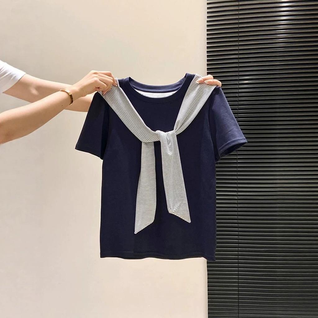 White short-sleeved T-shirt with shawl, women's summer new slim-fitting and thin cotton versatile top