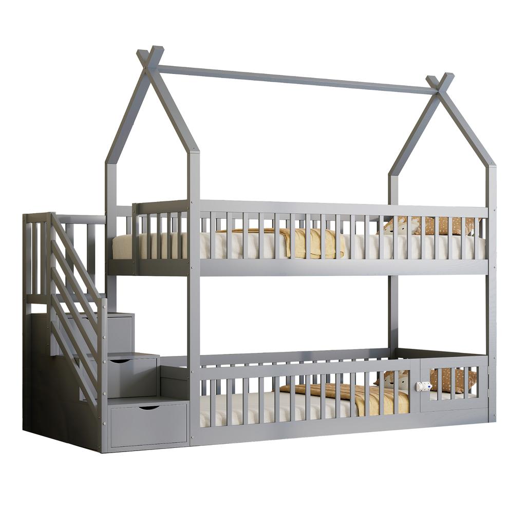 90x200 Children's Bunk Bed Solid Wood Bed with Roof, Safety Stairs and Storage Drawers, Storage Children's Bed Single Bed Gray