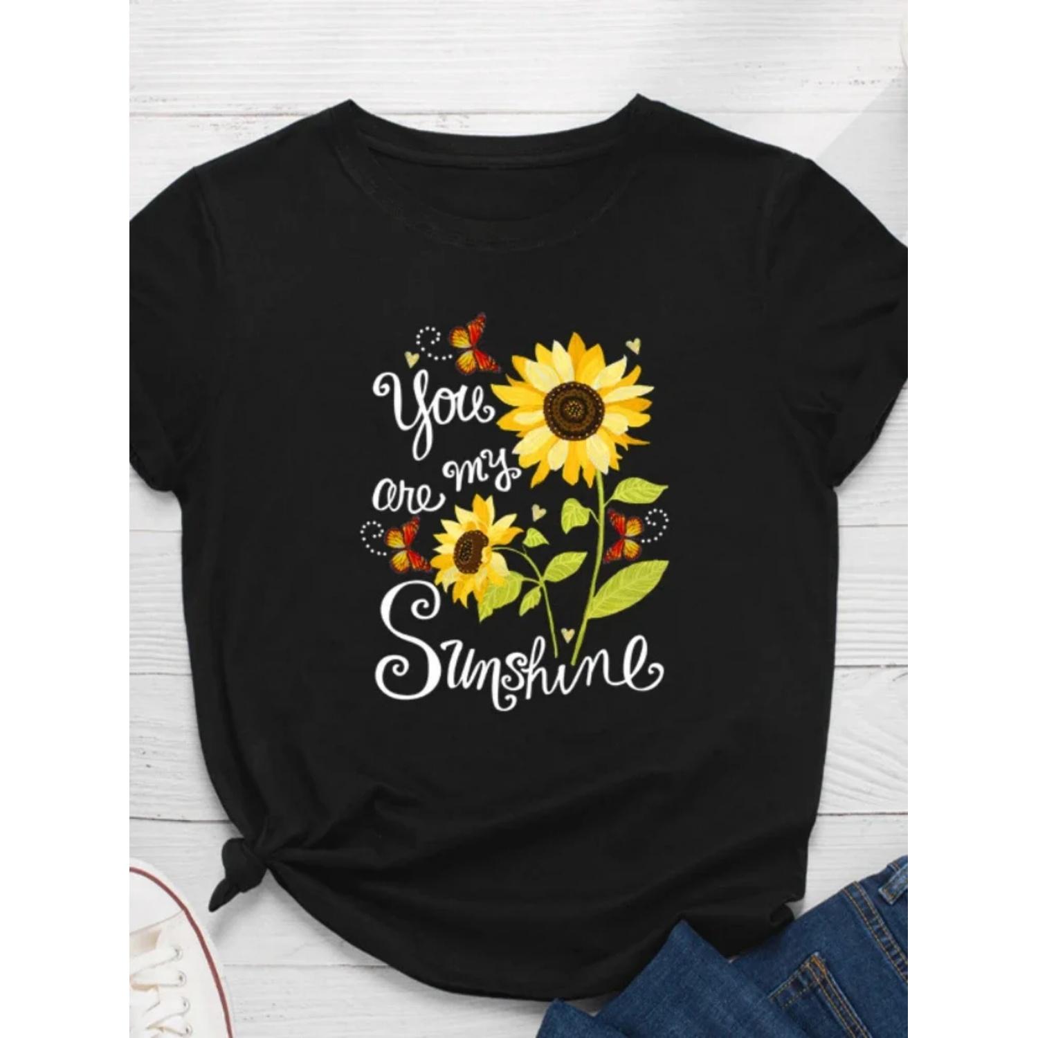 

You Are My Sunshine Подсолнух Принт Женская футболка Короткий рукав O-образный вырез Свободная женская футболка Женская футболка Топы Camisetas Mujer S чёрный