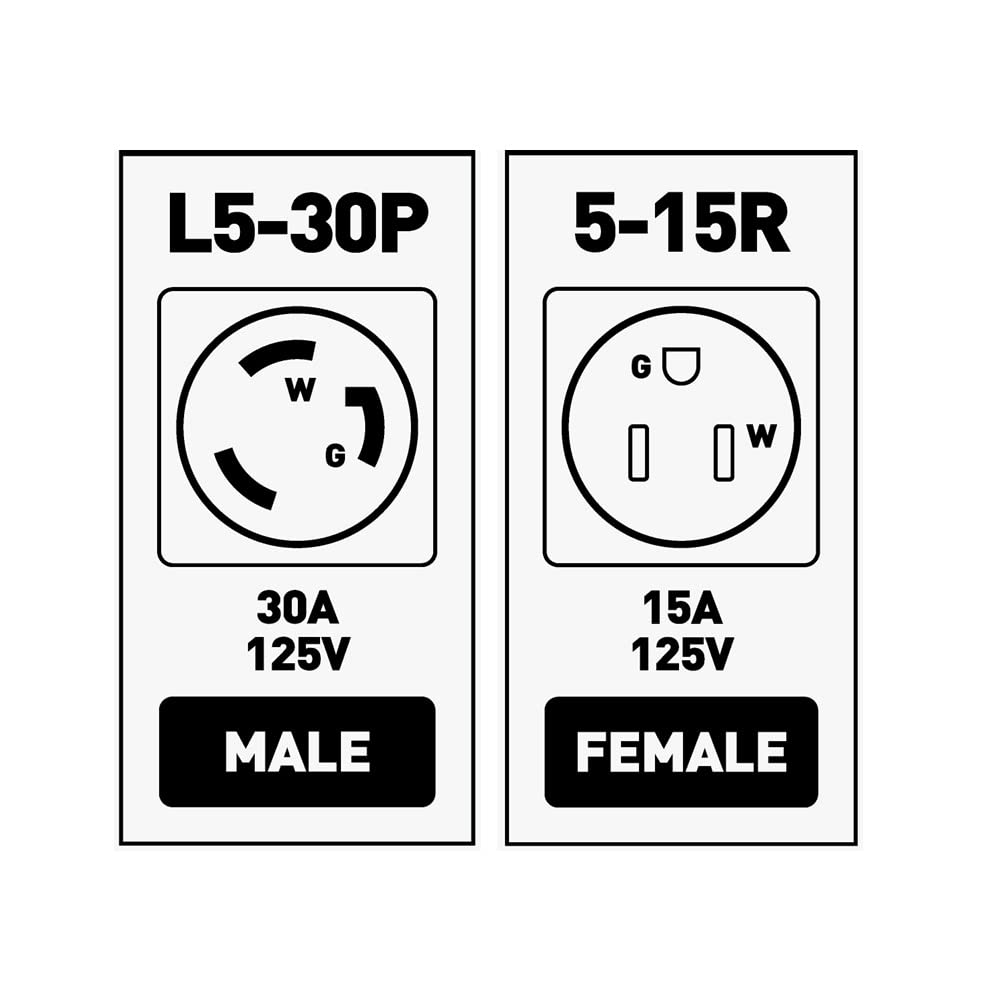 Marvine Cable Shore Power Adapter 30A Lock Male L5-30P to 15A5-15R Female (with LED) Display