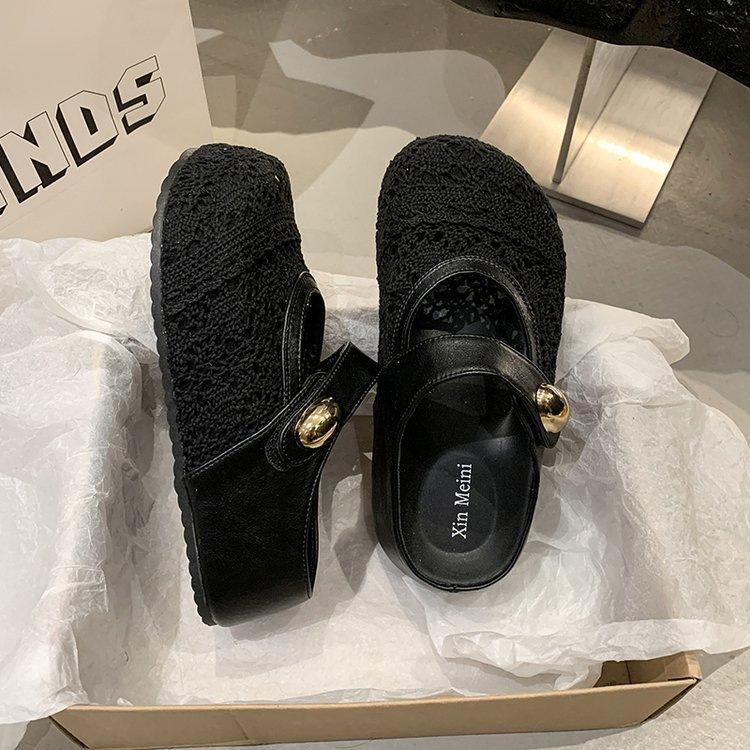 

Thick-bottomed bag head hollow inner height increase half slippers women s outer wear 2025 new summer breathable mesh surface one pedal sandals 40