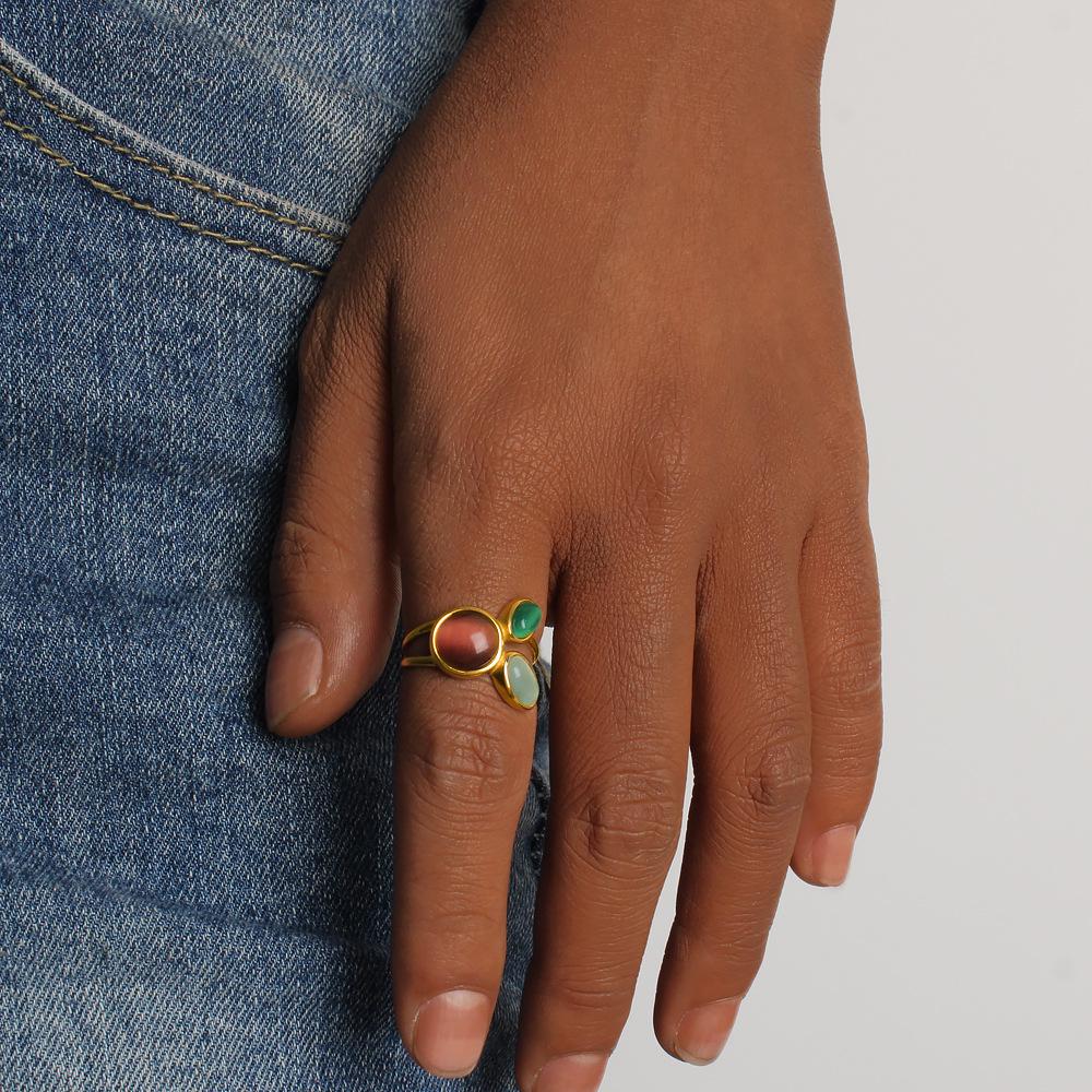 18K Gold Plated Stainless Steel Open Ring with Natural Stone