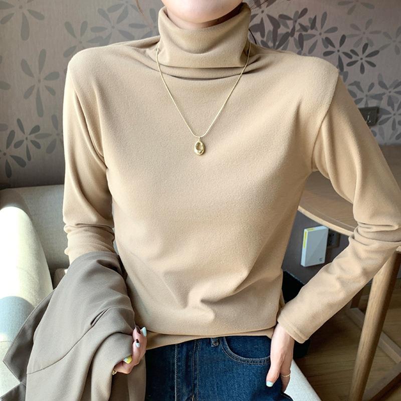 High-necked Micron Velvet Bottomed Shirt for Women's Autumn and Winter, Thickened Double-sided Abraded Stacked Collar Long-sleeved Top
