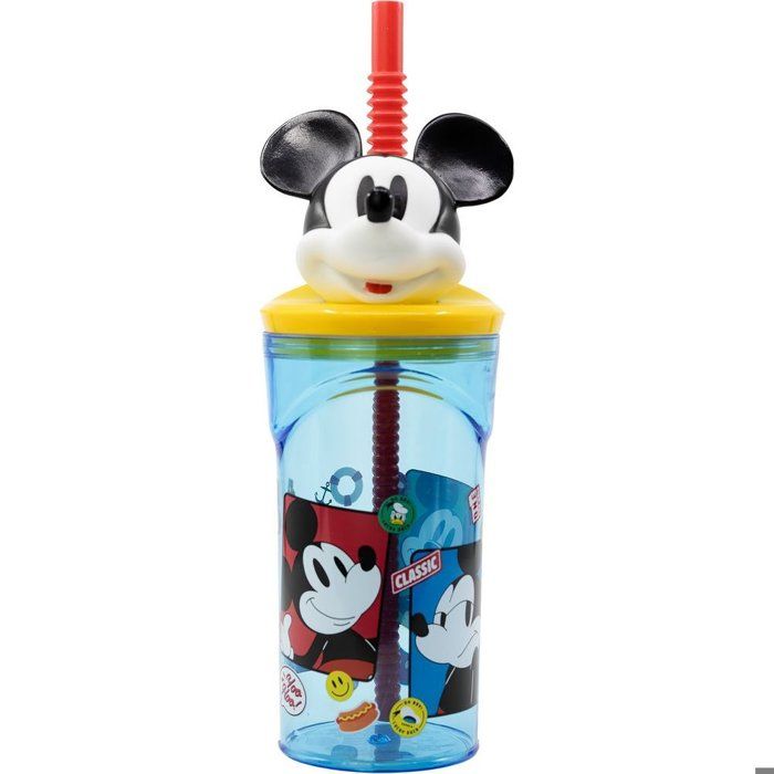 Boissons Fruitees Tataway Gobelet Réutilisable en Plastique Bleu Disney Mickey Mouse pour Enfants 360 Ml avec Paille et Figurine 3d