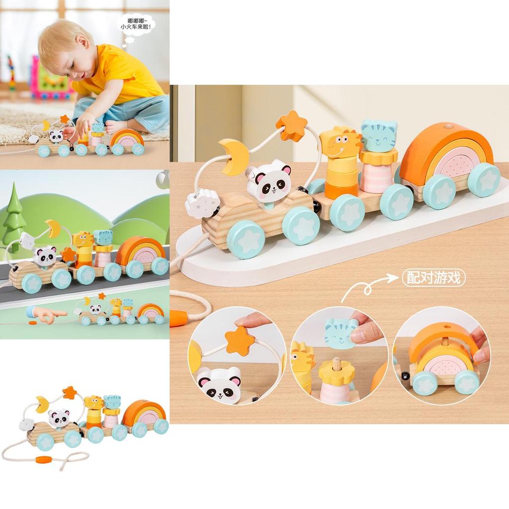 Wooden Animal Cat Panda Toy Train With Interlocking Carriages For Baby Development And Kids Play