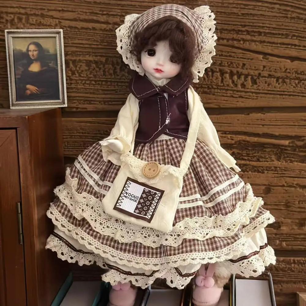 Braun Kariertes Kleid Set 6 Teile BJD Puppenkleidung süßer Prinzessinnenstil 30cm Puppenkleidung Outfitwechsel Anzieh Zubehör