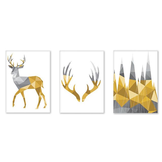 Abstract Grey Yellow Geometric Forest Nordic Deer Poster Canvas Printings Wall Art Printing Pictures Living Room Home Decoration