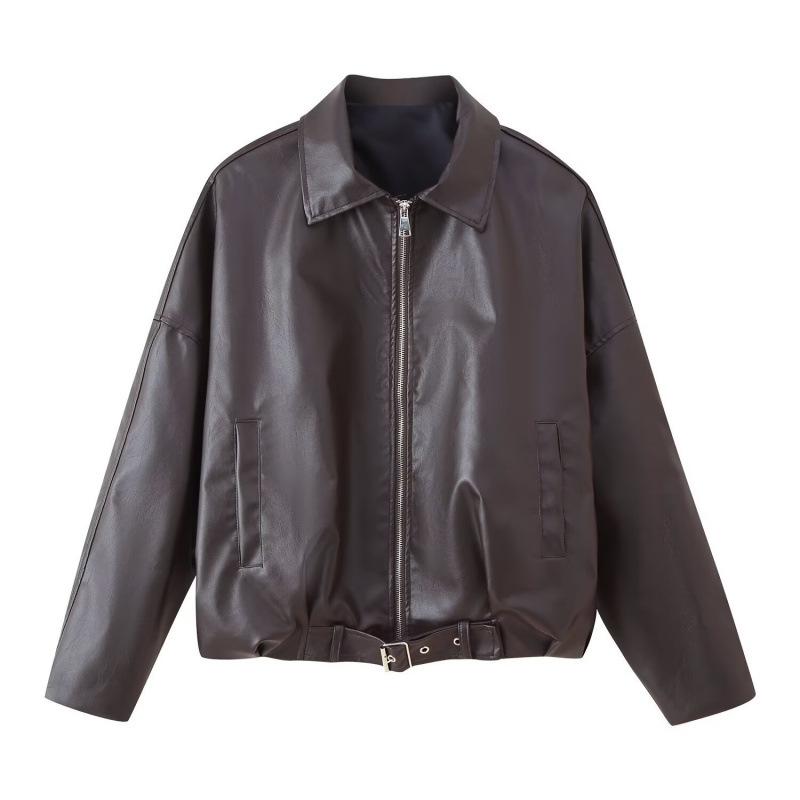Cross-border European and American women's fashion 2026 trending American vintage leather jackets with belts and long-sleeve jackets
