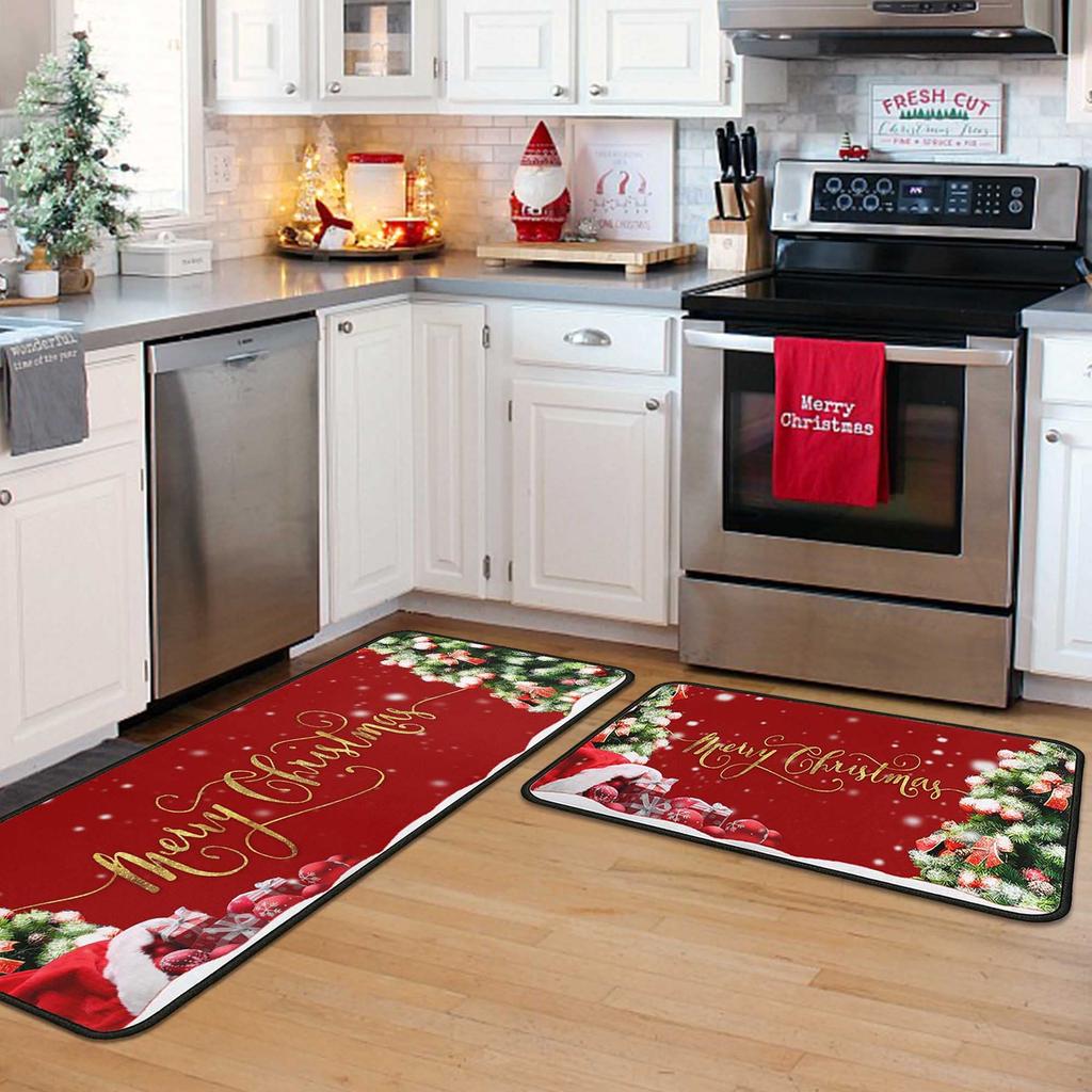 2PCS Merry Christmas Kitchen Runner Area Rug Snowman Indoor Non Slip Washable Floor Mat for Party Hallway Home Decoration