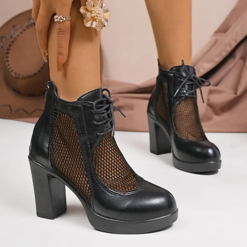 Women Shoes 2025 Summer Mesh Modern Women's Sandals Boots Lace Up Breathable Back Zip Classics Chunky Heels Ladies Ankle Boots