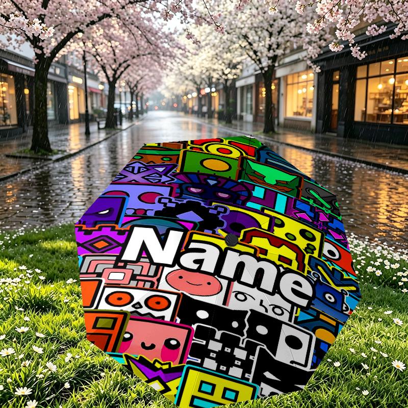 Custom Name Personalized Geometry Dash Print Umbrella, Auto Open Close, 8‑Rib Sturdy Frame, Commute Camping Hiking Use, Birthday Gift