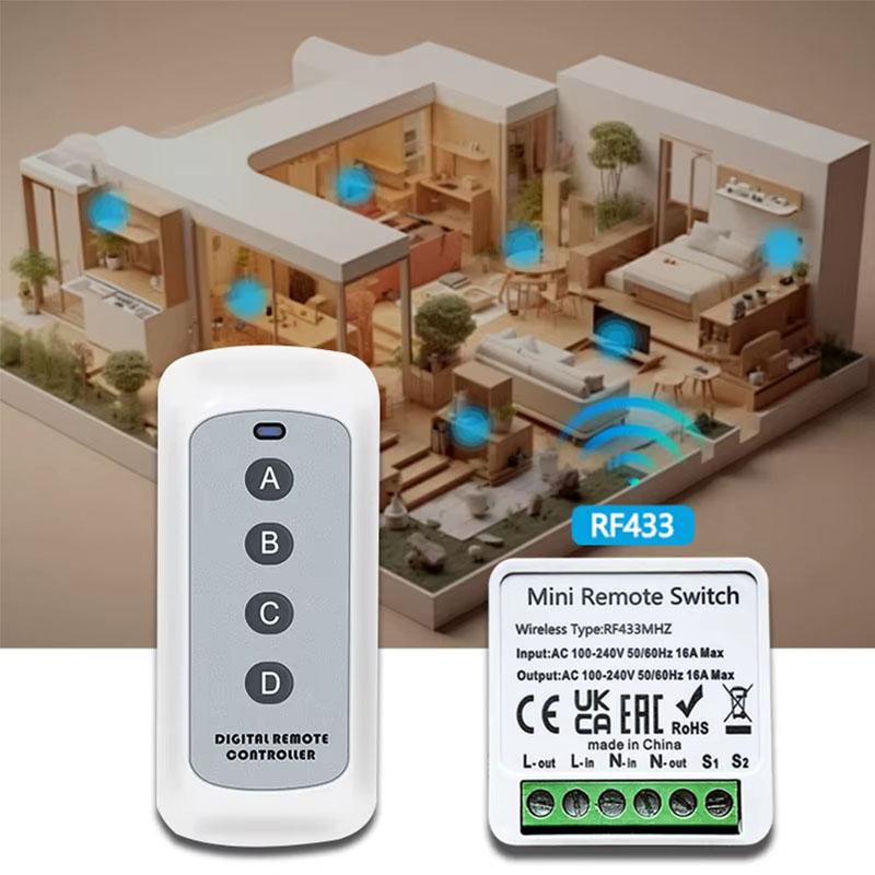 RF 433MHZ Wireless Light Switch 16A Relay Breaker 4 Key Remote Control Switch For Smart Home LED Lamp Wall Garage Doors Switch