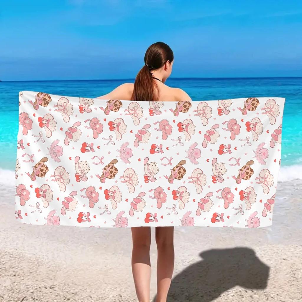 Pink Bow 2D Flat Printed Peach Skin Beach Towel Kawaii Fruit Bath Towel Summer Seaside Vacation Sand Free Travel Blanket Mat