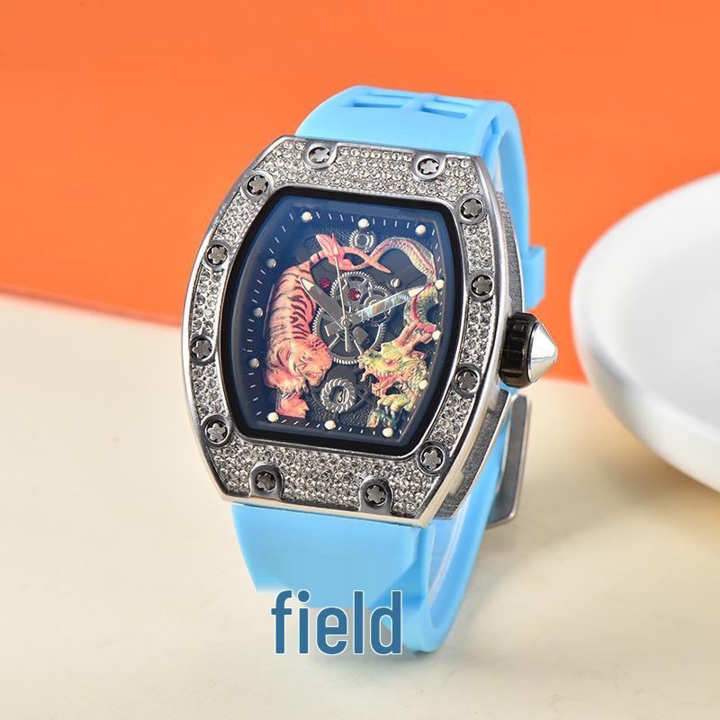 Men's Trendy Barrel-Shaped Full Diamond Quartz Watch with Calendar