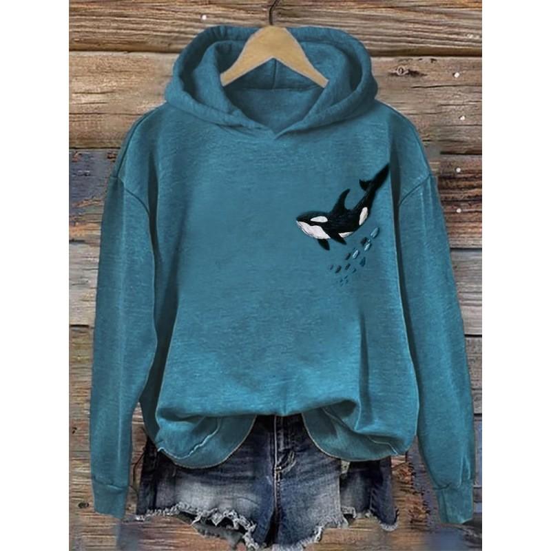 Womens 3D Printed Hooded Long Sleeve Sweatshirt Whale Shark Ocean Loose Fit Casual Top 2026 Fall Winter