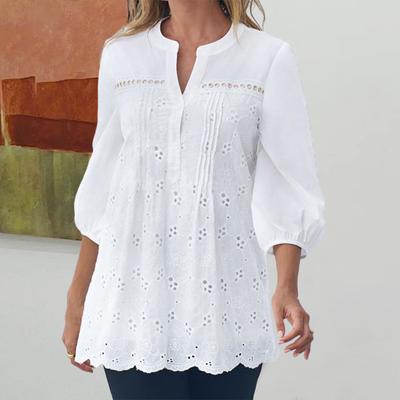Women Shirt V Neck Shrinkable Cuffs Breathable Stylish Cut Out Lace Hem Top Streetwear
