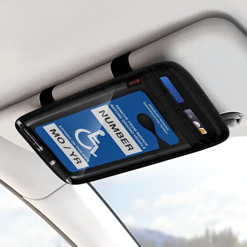 SITHON Handicap Placard Holder For Car Visor, Disabled Parking Permit Sign Protector With Pen Holder, Card Slots And Elastic Strap, Black