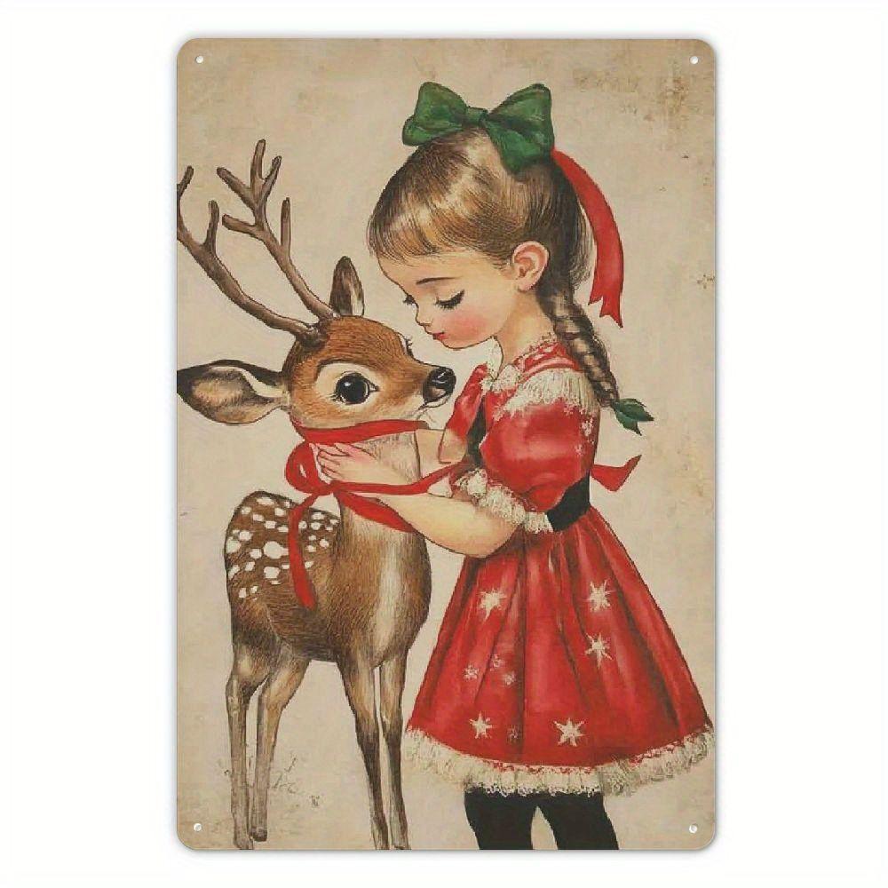 Weihnachts-Blechschild 2D Flache Wanddeko Metallplatte Hängendes Ornament Mädchen