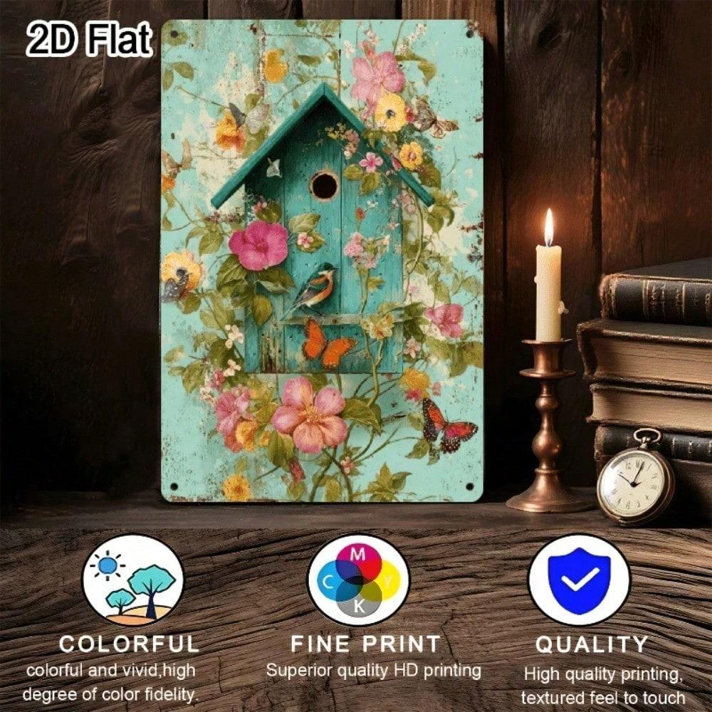 Vintage Red Cardinal Bird Metal Wall Art Rustic Turquoise Floral Garden Sign 8x12 Inch