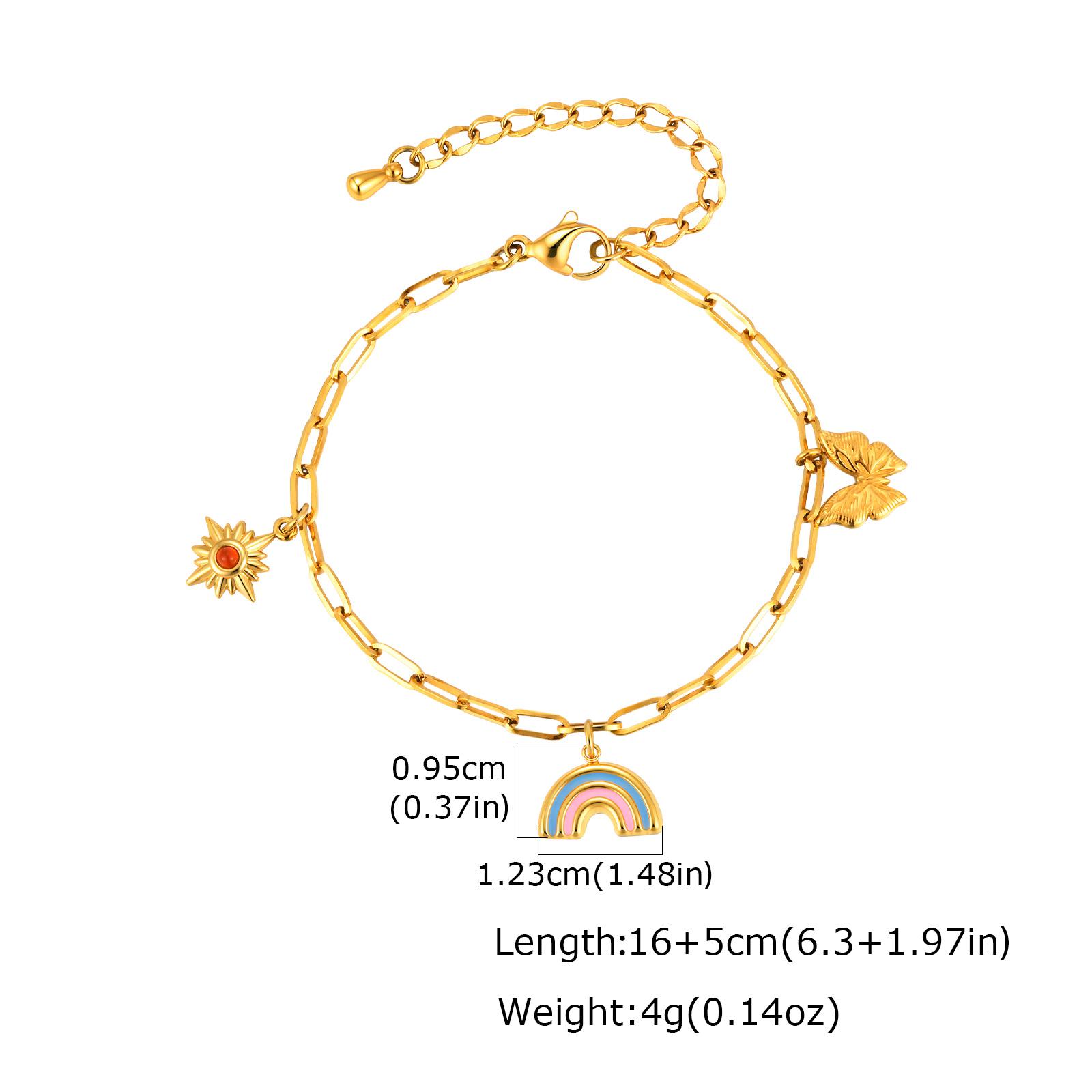 Paperclip Chain Charm Bracelet Gold Plated Stainless Steel Sun Rainbow Butterfly Adjustable Women Jewelry