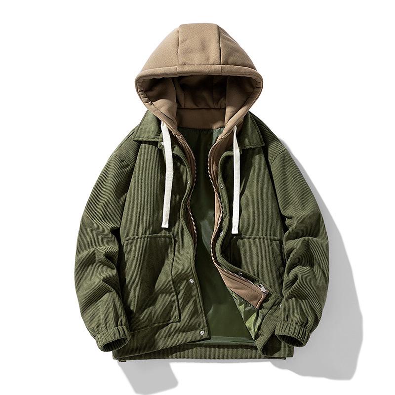 Japanese Trendy Corduroy Hooded Jacket with Fleece Lining: Autumn/Winter Hong Kong Style for Men