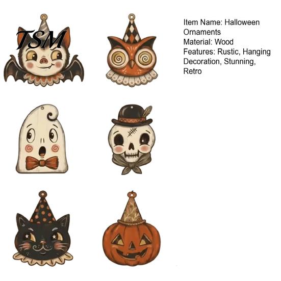 Rustic Halloween Door Decorations 6 Pcs Vintage Wooden Ornaments, Farmhouse Cat Owl Pumpkin Retro Cartoon Hanging Tags Ghost for Tree Party Home Decor