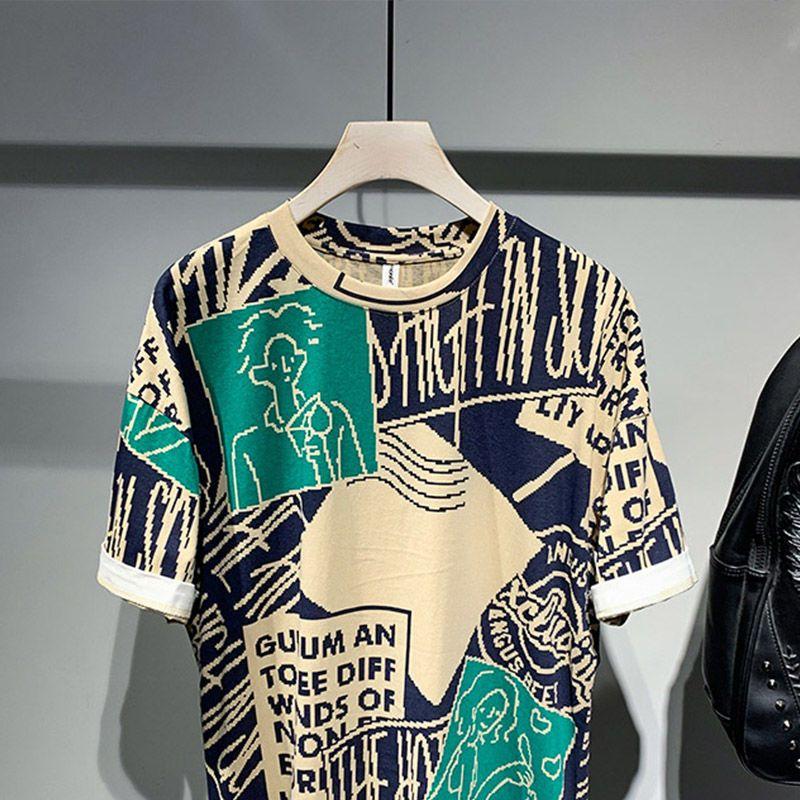 Lato Nowy Okrągły Dekolt Męski Modny Przystojny Kontrastowy Kolor Geometryczny Nadruk Litera Cienka Krótki Rękaw Casualowy T-shirt Top
