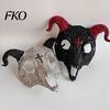 Light Luxury Skull Mask Halloween Rhinestone Full Face Mask, Black White Ram Horn Crystal Studded Masquerade Sparkly Glitter Party for Adults