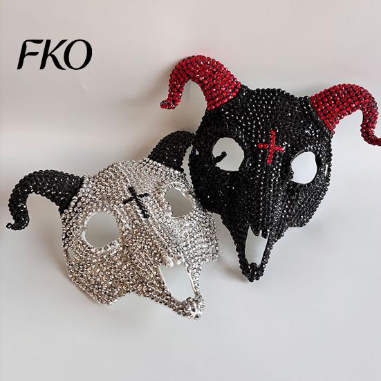 Light Luxury Skull Mask Halloween Rhinestone Full Face Mask, Black White Ram Horn Crystal Studded Masquerade Sparkly Glitter Party for Adults