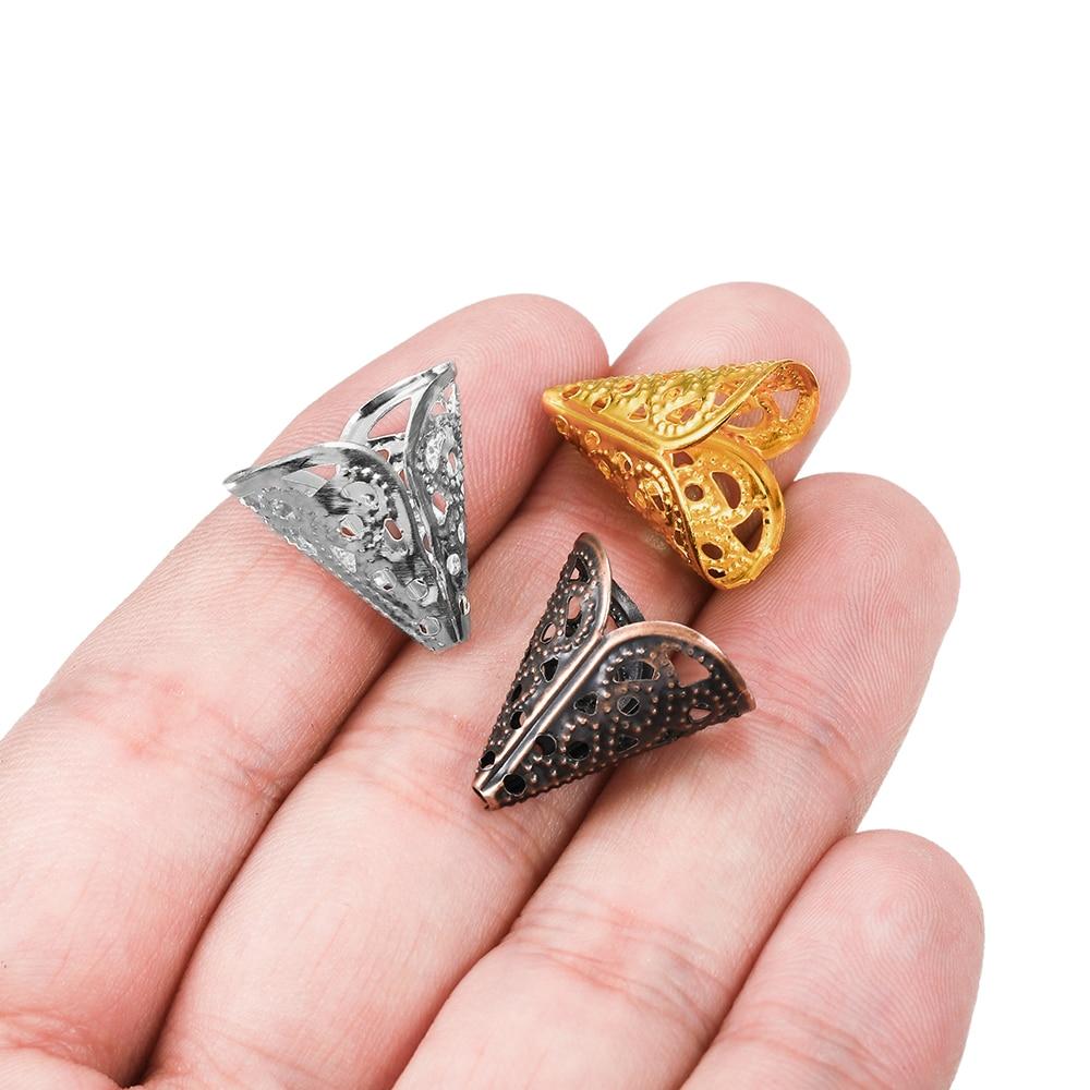 50 Uds. De dijes de 16x16mm con forma de flor de filigrana, tapa para cuentas cónicas para pendientes DIY, collar, joyería, suministros, accesorios