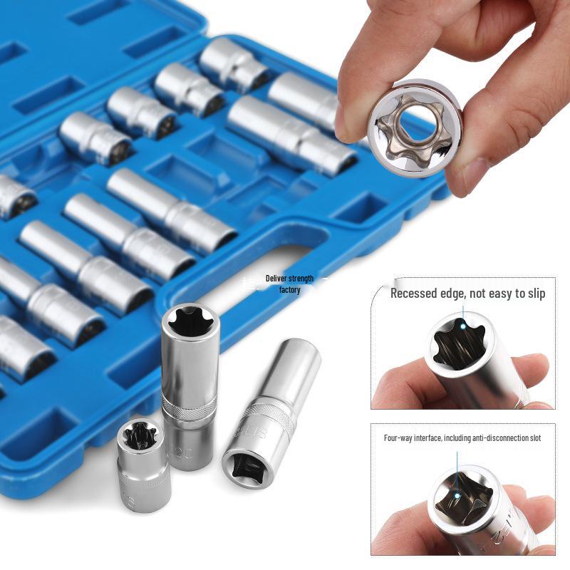 Auto Repair E-Type Spline Socket Set - Chrome Vanadium Steel 6-Point Torx Wrench Tool Set