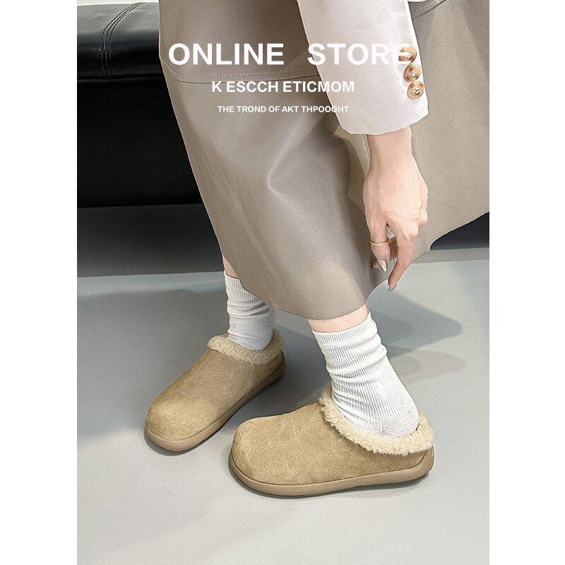 Small potato fluffy slippers women's winter new one-pedal leather thick-soled plush thermal cotton shoes