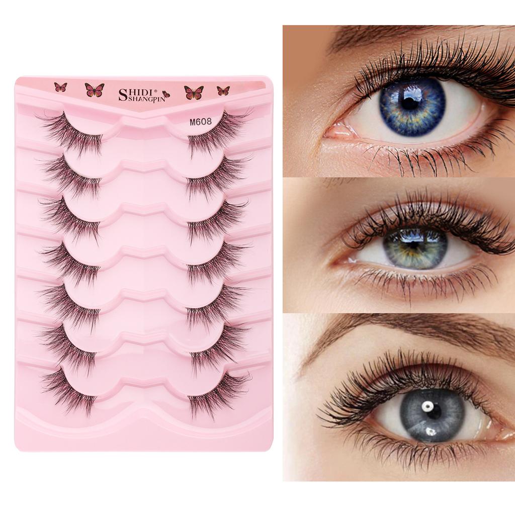 7 Pairs Half Lashes with Clear Band Wispy Eyelashes Natural Look 3D Lashes Short Cat Eye Lash Fake Eyelashes