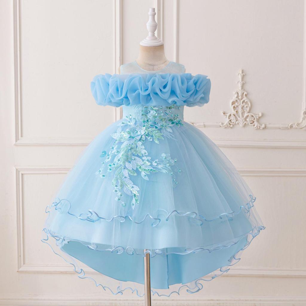 Sequin Princess Train Dress for Girls - Puffy Tulle Wedding and Evening Performance Dress