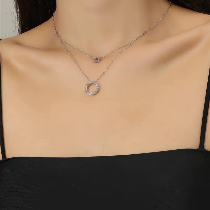 S925 Sterling Silver Double-Deck Circle Zircon Pendant Long O-Chain Choker Necklace Spring Women Wedding Fine Jewelry Wholesale